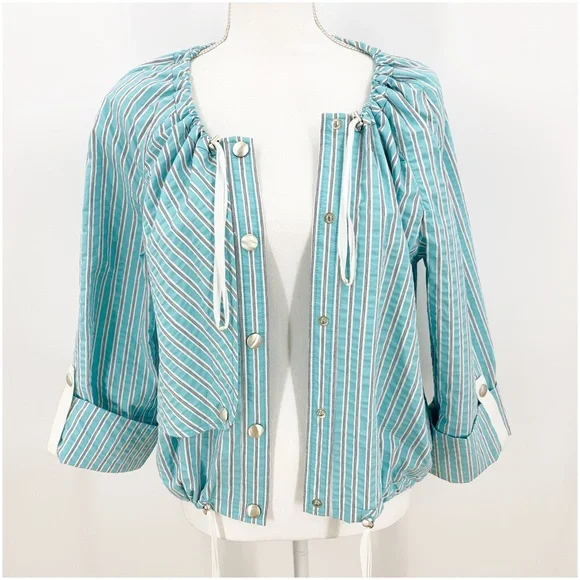 Worth Aqua Striped Seersucker Snap Front Short Jacket Sz M - Picture 2 of 13